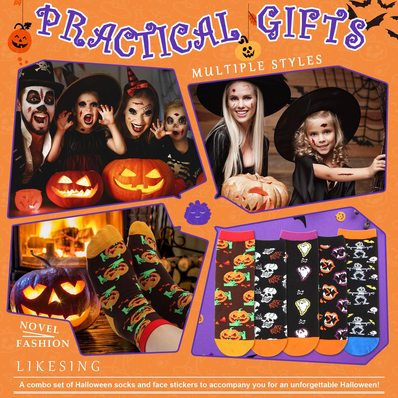 Likesing Skarpetki męskie damskie bawełniane skarpety zimowe Halloween skarpety świąteczne skarpety damskie mężczyźni śmieszne antypoślizgowe kot mężczyźni kobiety skarpety prezent Halloween Boże