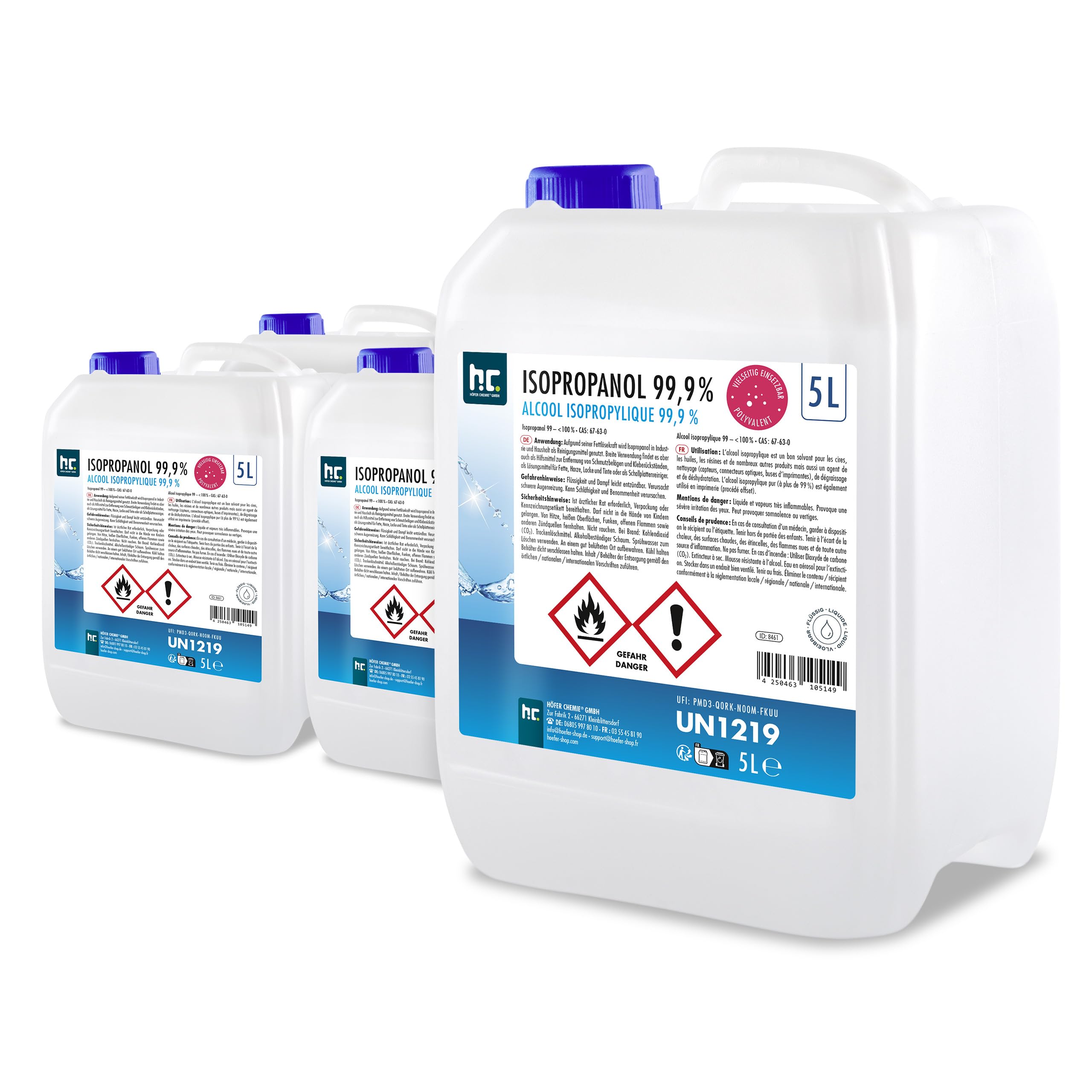 Höfer Chemie Isopropanol 99,9% (IPA) 4 X 5 L - Alcool Ispopropylique pour Nettoyer et Dégraisser - Solvant Puissant - Polyvalent