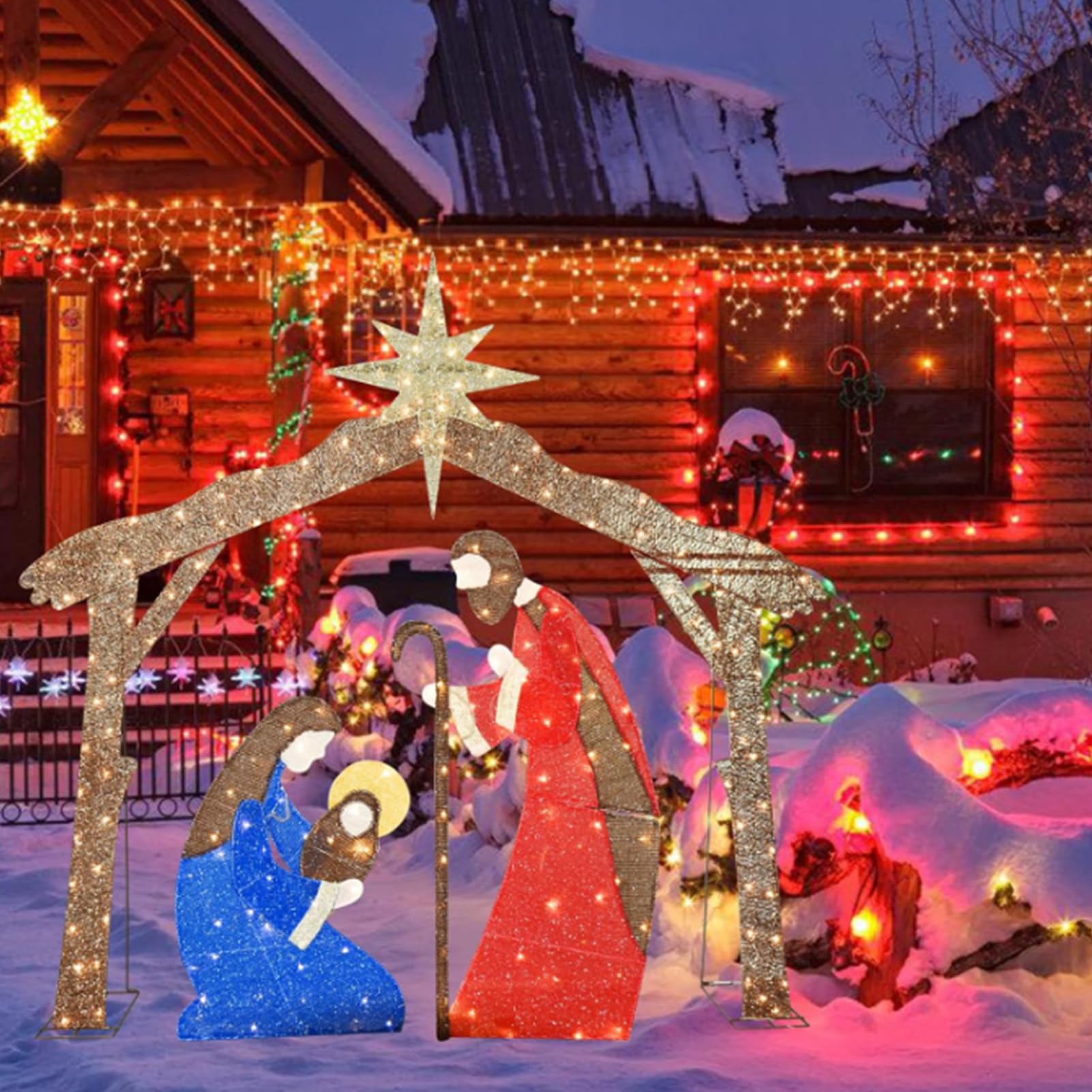 Presepe natalizio per esterni, in metallo, 2D, set di 4 pezzi, da montare, con luci, decorazioni per esterni per cortile, prato (A
