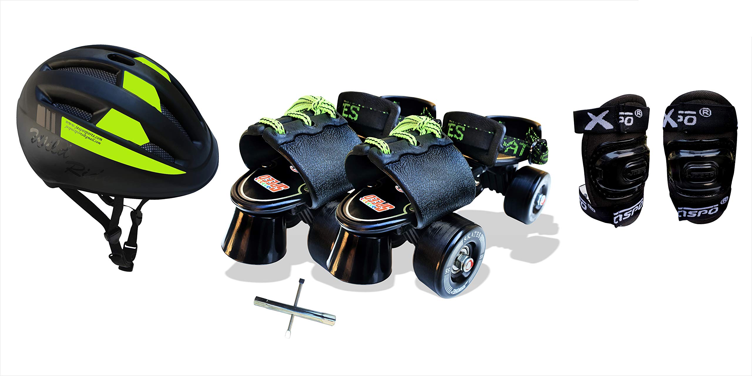 Jaspo Blacken Eco Adjustable Senior Roller Skates Combo Suitable for Age Group 6 to 14 Years (Skates+ Helmet + Knee Guard+Key)