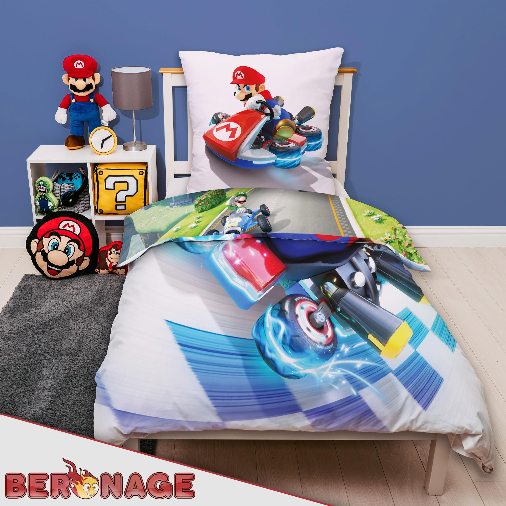 BERONAGE Super Mario Kart Kinderbettwäsche Combo - 135 x 200 cm + 80 x 80 cm – 100% Baumwolle Renforcé-Linon – Bettwäsche mit Motiven von Mario, Bowser & Co. - Rennen - Reißverschluss, deutsche Größe