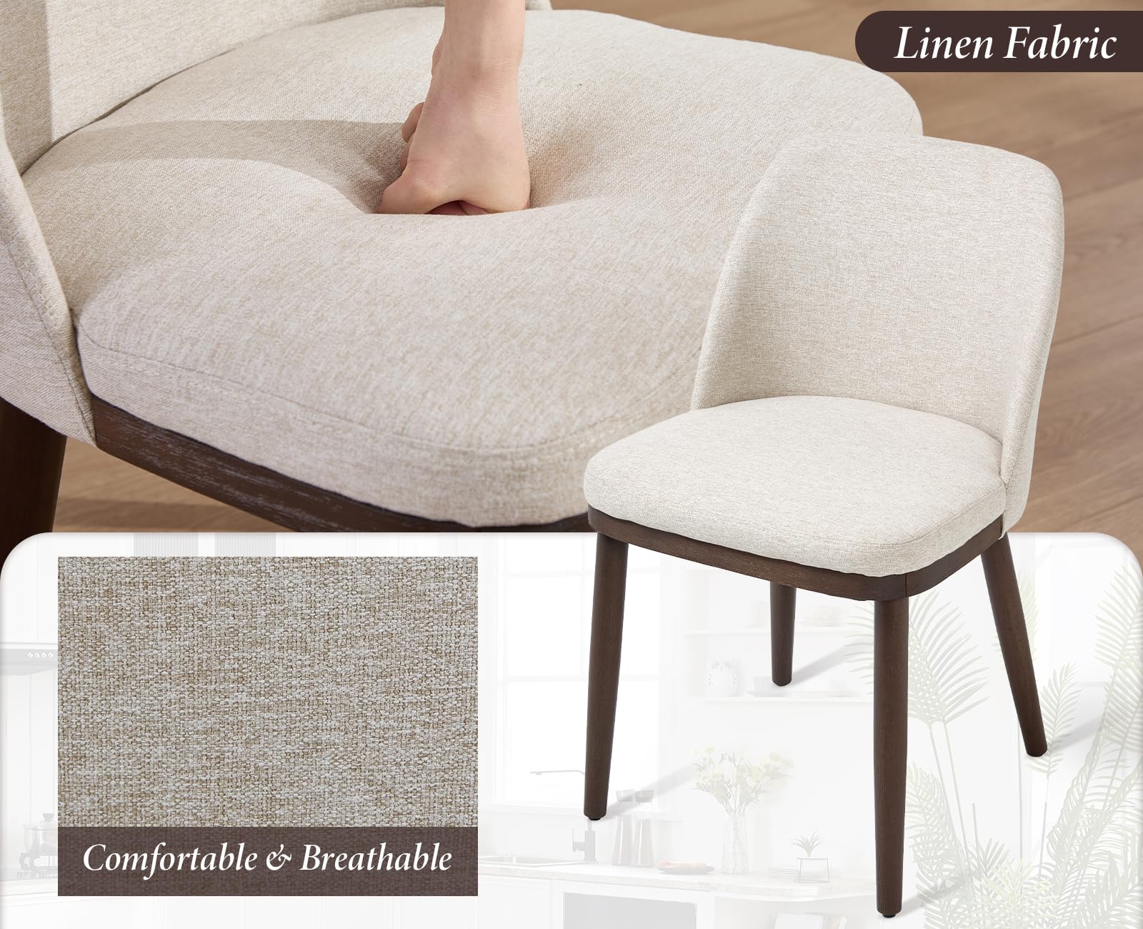 Ya-Home Set di 2 Sedie da Pranzo in Tessuto di Lino con Gambe in Legno, Beige