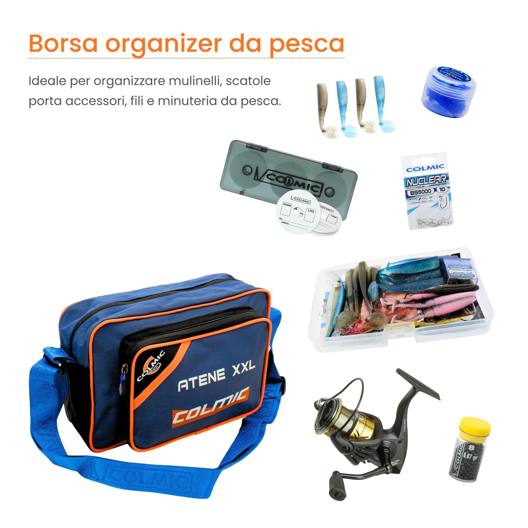 Colmic - Borsa Atene XXL – Borsa a Tracolla in Poliestere 600D rivestito, serie Blu Grigio, Cuciture Resistenti all'acqua, Cerniere Extra Resistenti, 20x30x10 cm – Adatta per Pesca, Sport, Outdoor