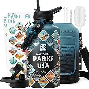 Insulated Water Bottle | Thickened Stainless Steel Vacuum Metal | Portable Sports Half Gallon Large Water Jug for Gym and Hiking with Straw, Carrier Bag, Handle Strap | BPA-Free 64 oz