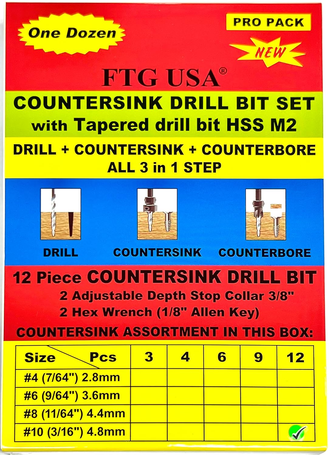 FTG USA Countersink Drill Bit Set 12 Pc 10 (3/16") Wood Countersink