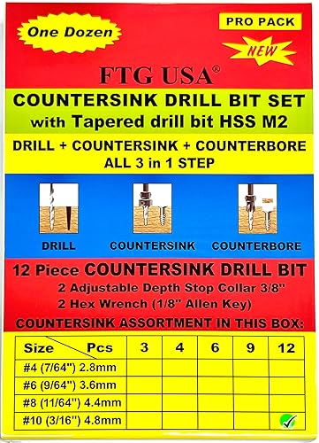 Miniatura 2 de Juego de brocas avellanadoras para madera con broca cónica, 12 piezas, #10 (316")