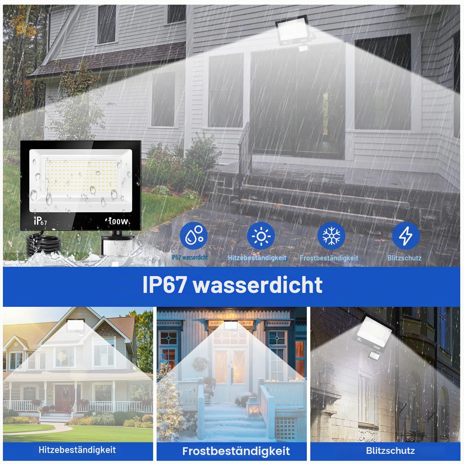 100W Led Strahler mit Bewegungsmelder Außen,4 Modi 10 Helligkeitsstufen Einstellbar LED Scheinwerfer mit Fernbedienung,10000LM,7000K Kaltweiß IP67 Wasserdicht Außenstrahler für Garage,Garten