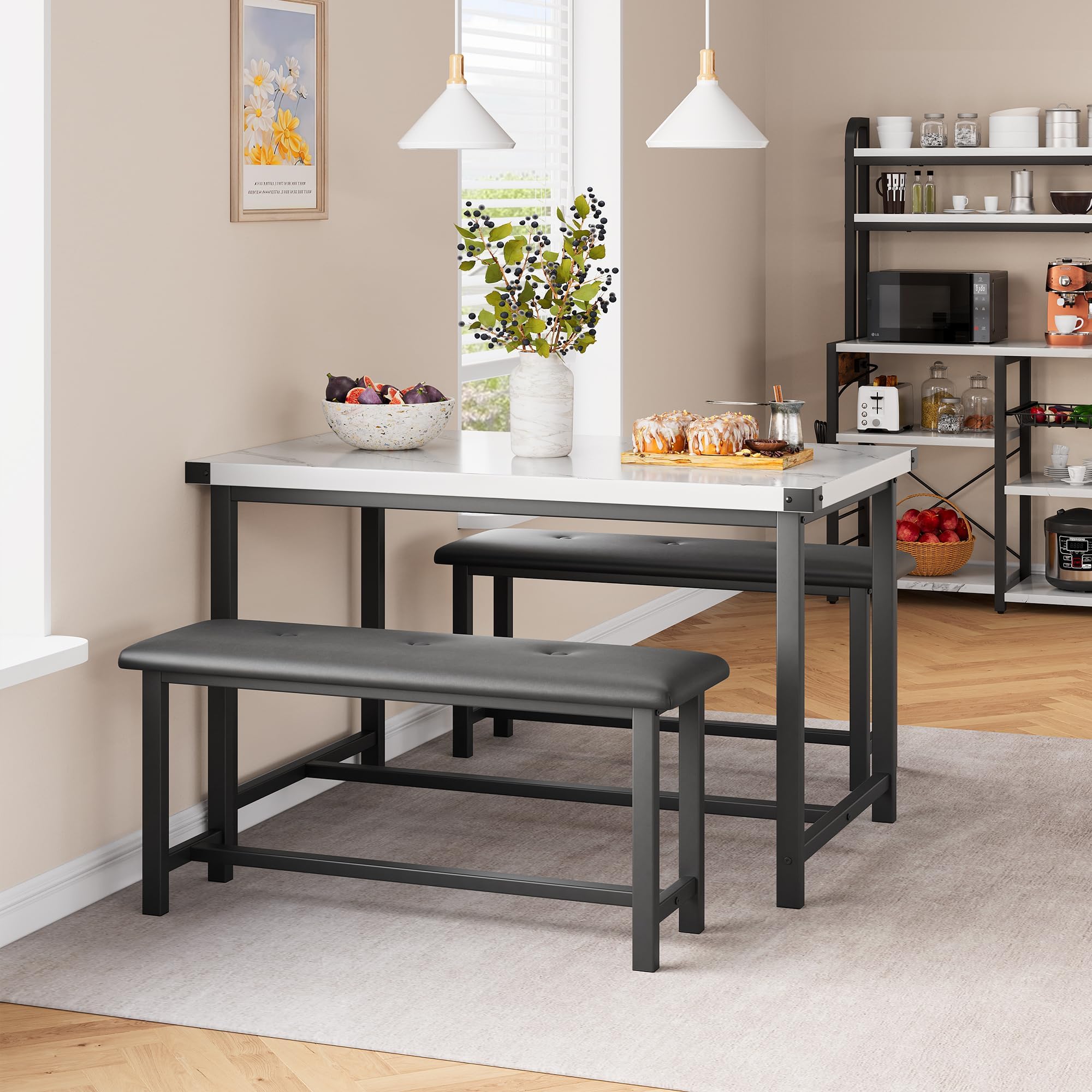CABIHOME Dining Table Set for 4, Farmhouse Rectangular Kitchen Table with Upholstered Benches, 3-Piece Dining Table and Bench Set for Small Spaces, Apartment, Studio, White