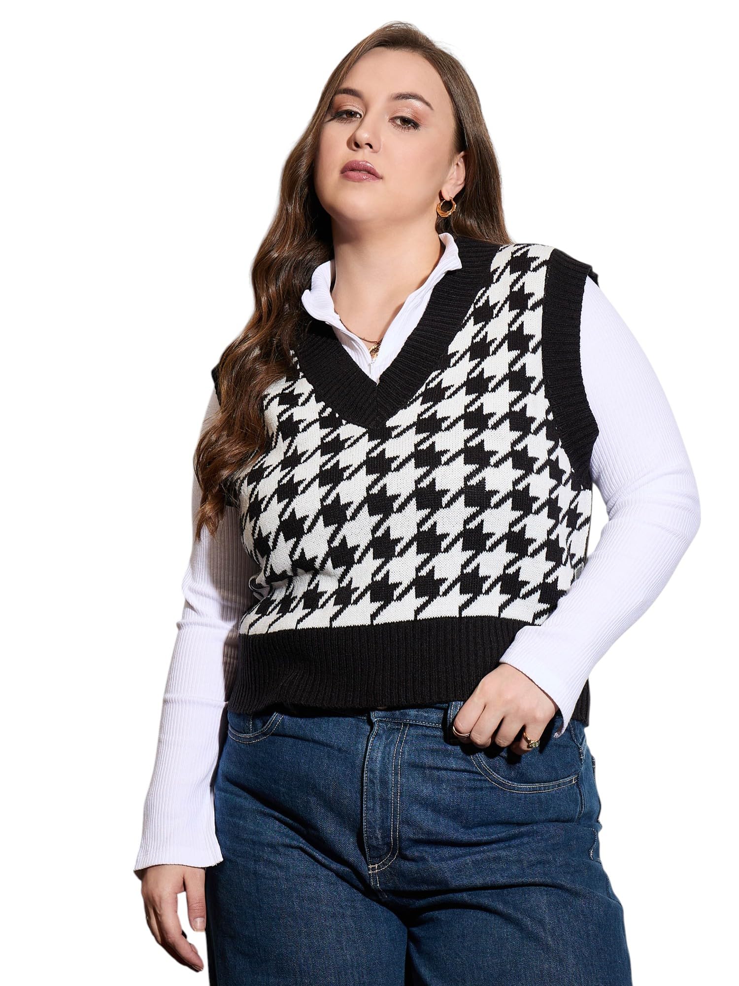 Women Houndstooth V-Neck Sweater Vest