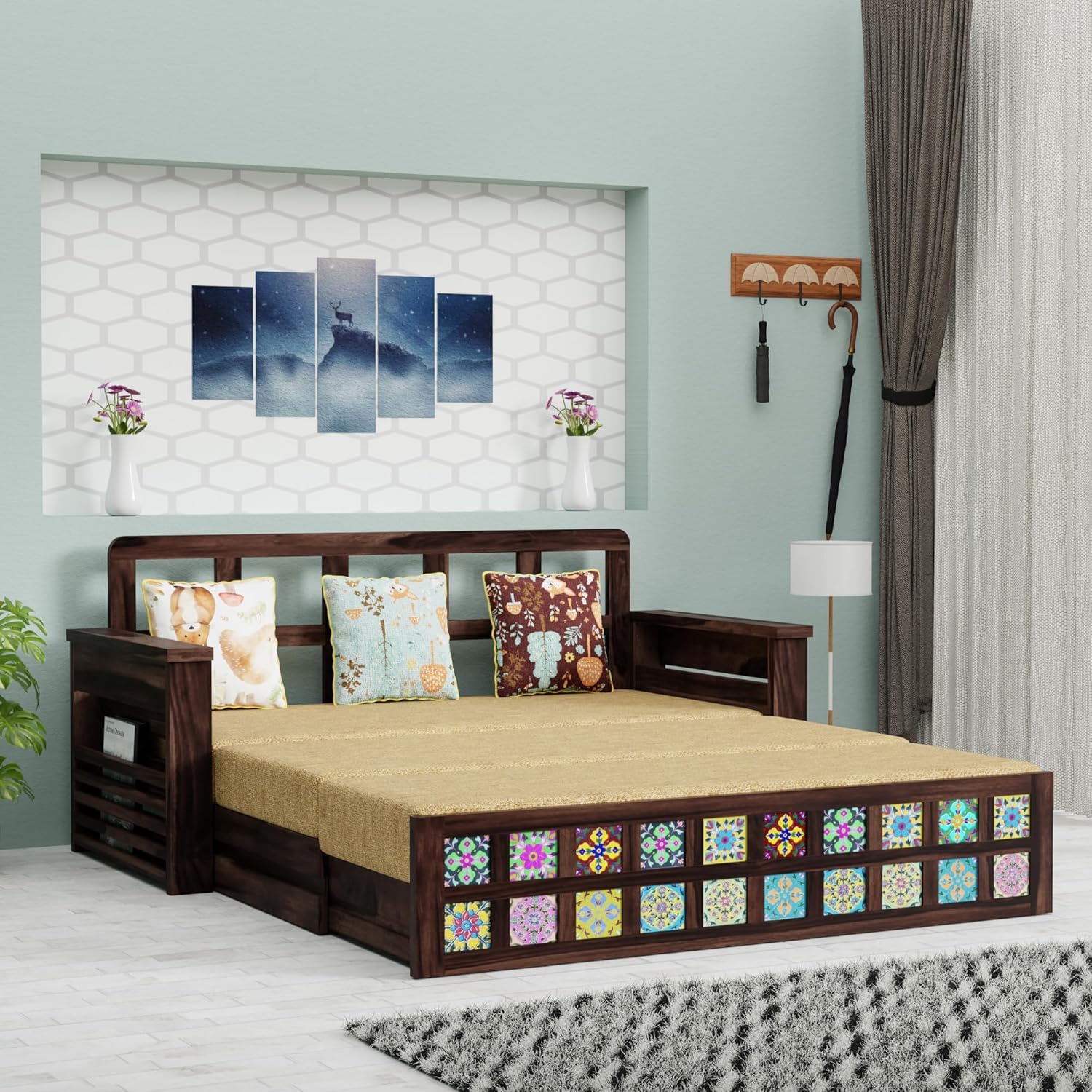 Solid Sheesham Wood Convertible 3 Seater Sofa Cum Bed with Headboard and Storge Armrest, Folding Dubole Bed for Home Living Guest and Office Areas, Brown Solid Sheesham Wood Convertible 3 Seater Sofa Cum Bed with Headboard and Storge Armrest, Folding Dubole Bed for Home Living Guest and Office Areas, Brown