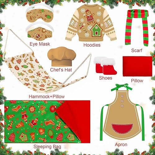 Miniatura 4 de 12 piezas de saco de dormir elfo muñeca temática de hornear accesorios de Navidad incluye muñeca de Navidad, saco de dormir, albornoz, delantal,