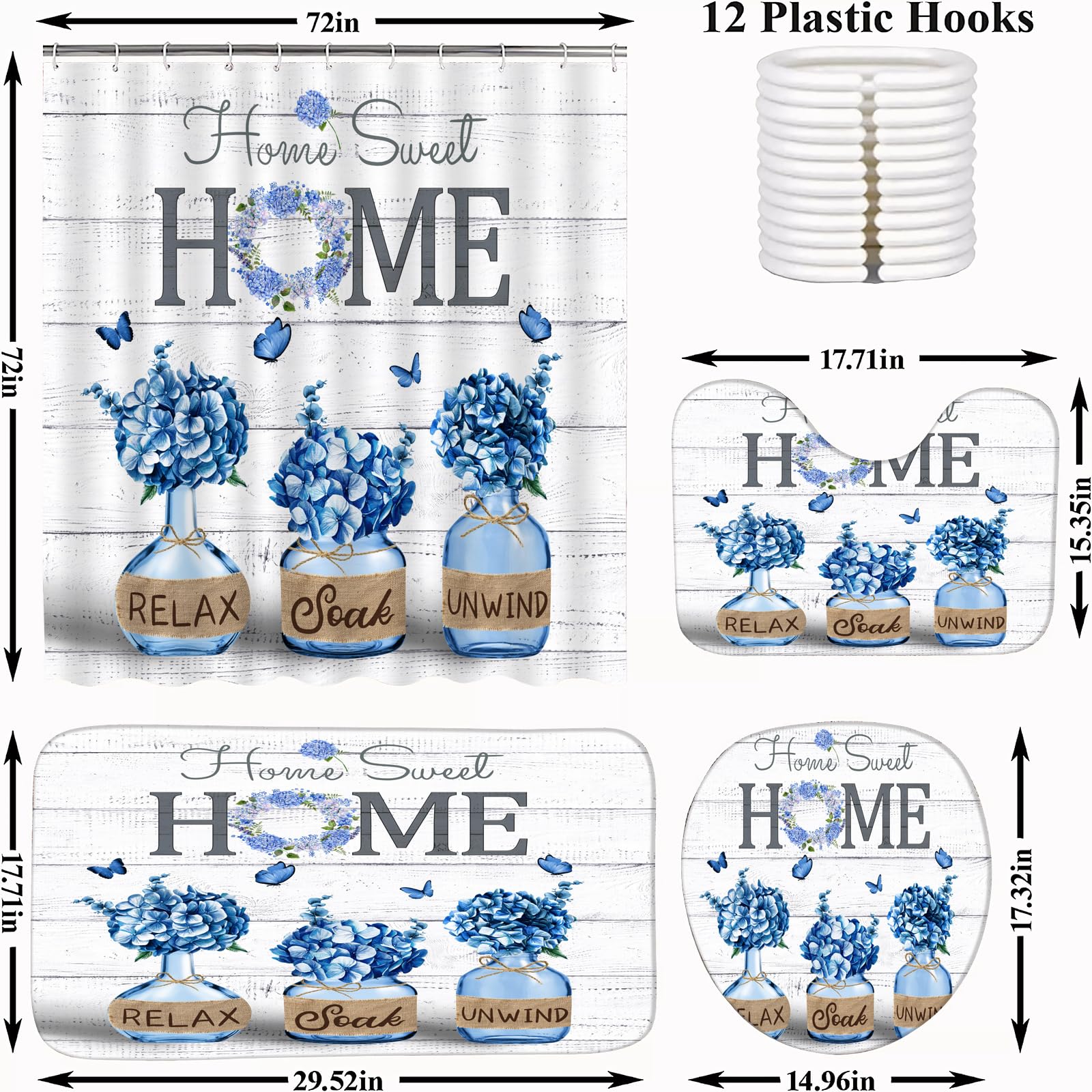 Glawry Duschvorhang-Set Mit Blauen Hortensien – Komplett-Set Fürs Bad Inkl. Matte, WC-Sitz Und Kissen