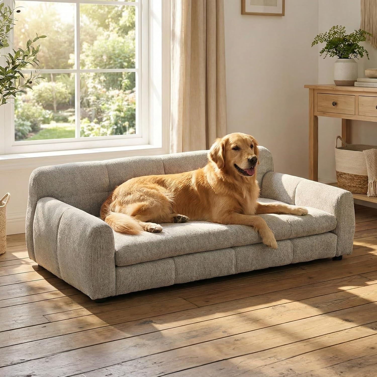 51" XL Dog Bed Couch, Elevated Large Dog Sofa with Backrest and Armrests, Soft Memory Foam Extra Large Pet Bed with Removable Cushion, Durable Linen Pet Couch Furniture, Beige