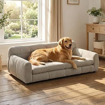 51" XL Dog Bed Couch, Elevated Large Dog Sofa with Backrest and Armrests, Soft Memory Foam Extra Large Pet Bed with Removable Cushion, Durable Linen Pet Couch Furniture, Beige