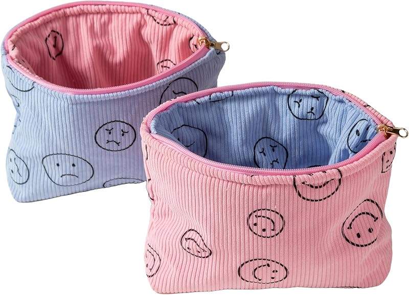 Necessaire de Maquiagem Gardsell em Veludo Cotelê, Rosa e Azul, com Zíper
