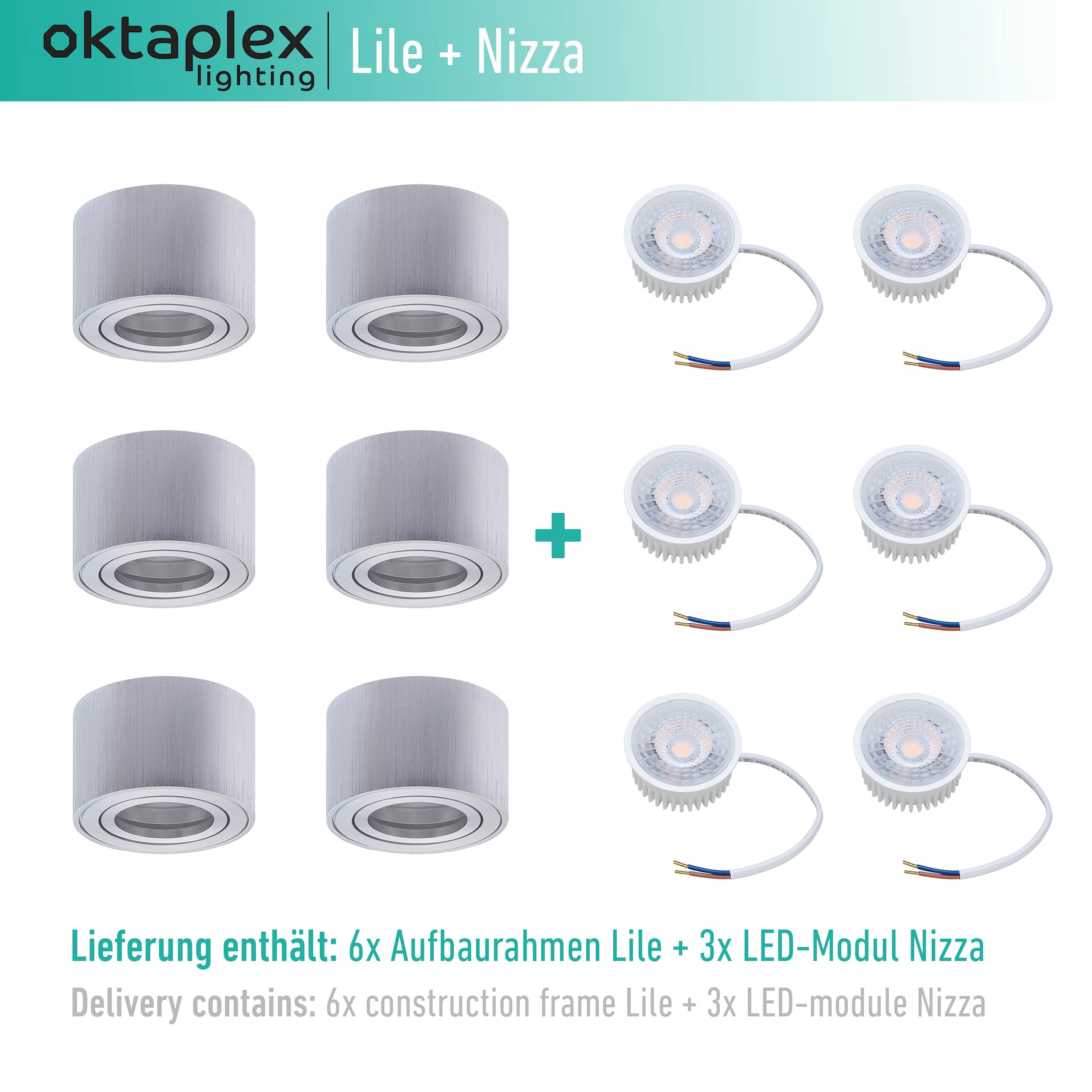 Oktaplex 6x Foco Superficie Orientable Lile Aluminio Cepillado Incluye Módulo LED Regulable 4,8W 230V 3000K Blanco Cálido 80x50mm - Foco Empotrable