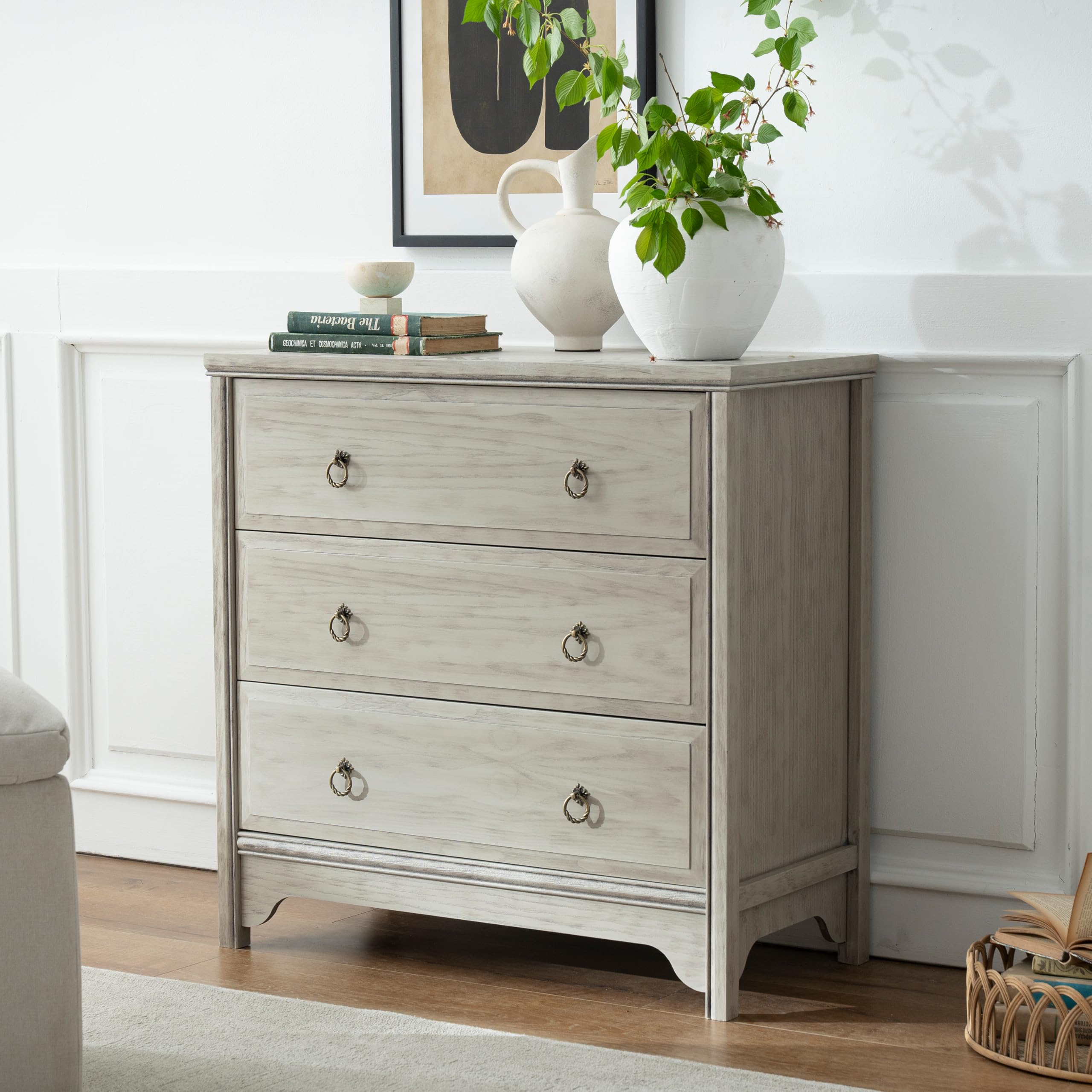 Chogori Solid Wood Dresser for Bedroom- Natural Wood Veneers & Water Based Paint Finished- Vintage Chests of Drawers, Small 3 Drawer Dresser (1,