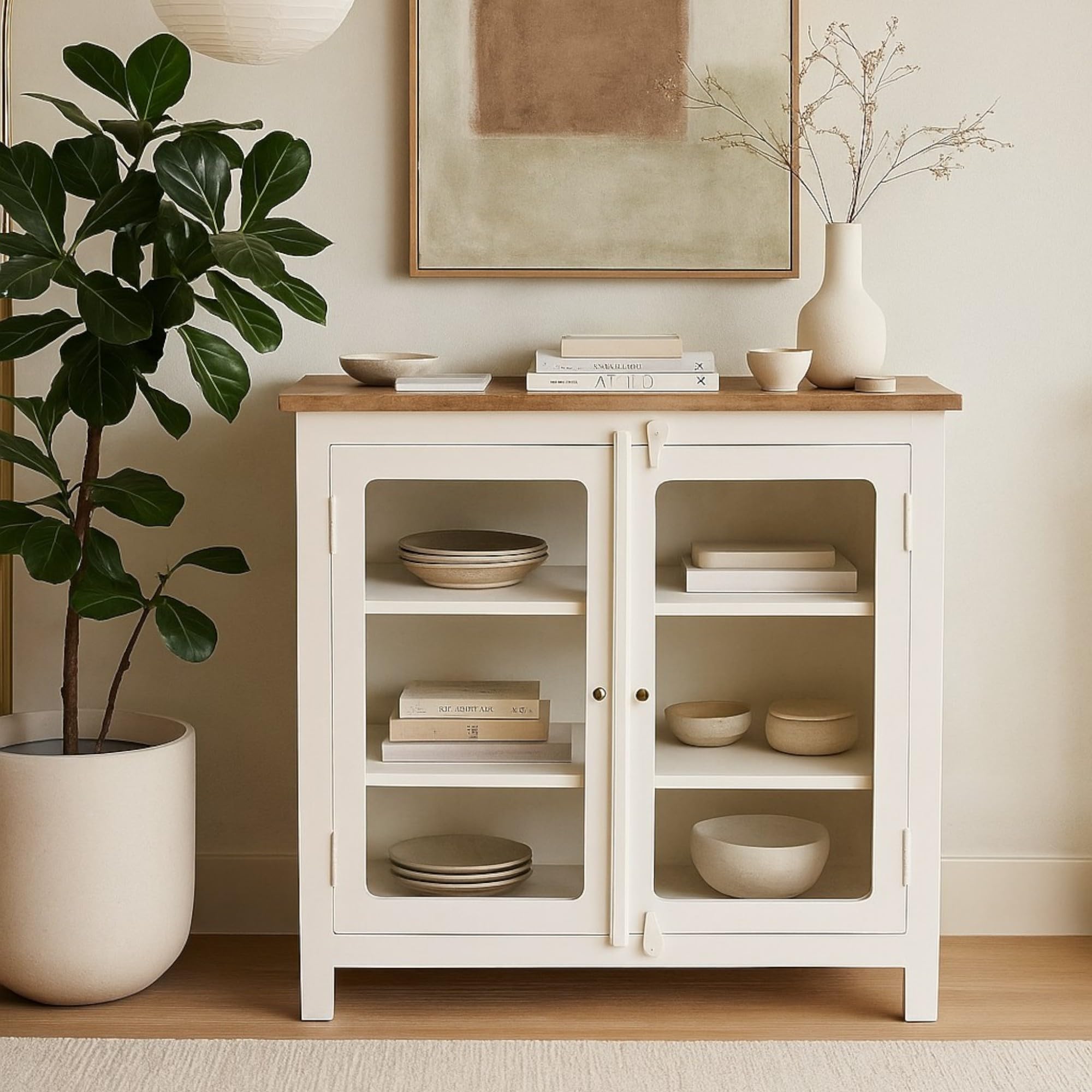 Kraft Bazaar Solid Wood Madrid Glass Door Sideboard | Crockery | Kitchen Cabinet Finish- Decu White