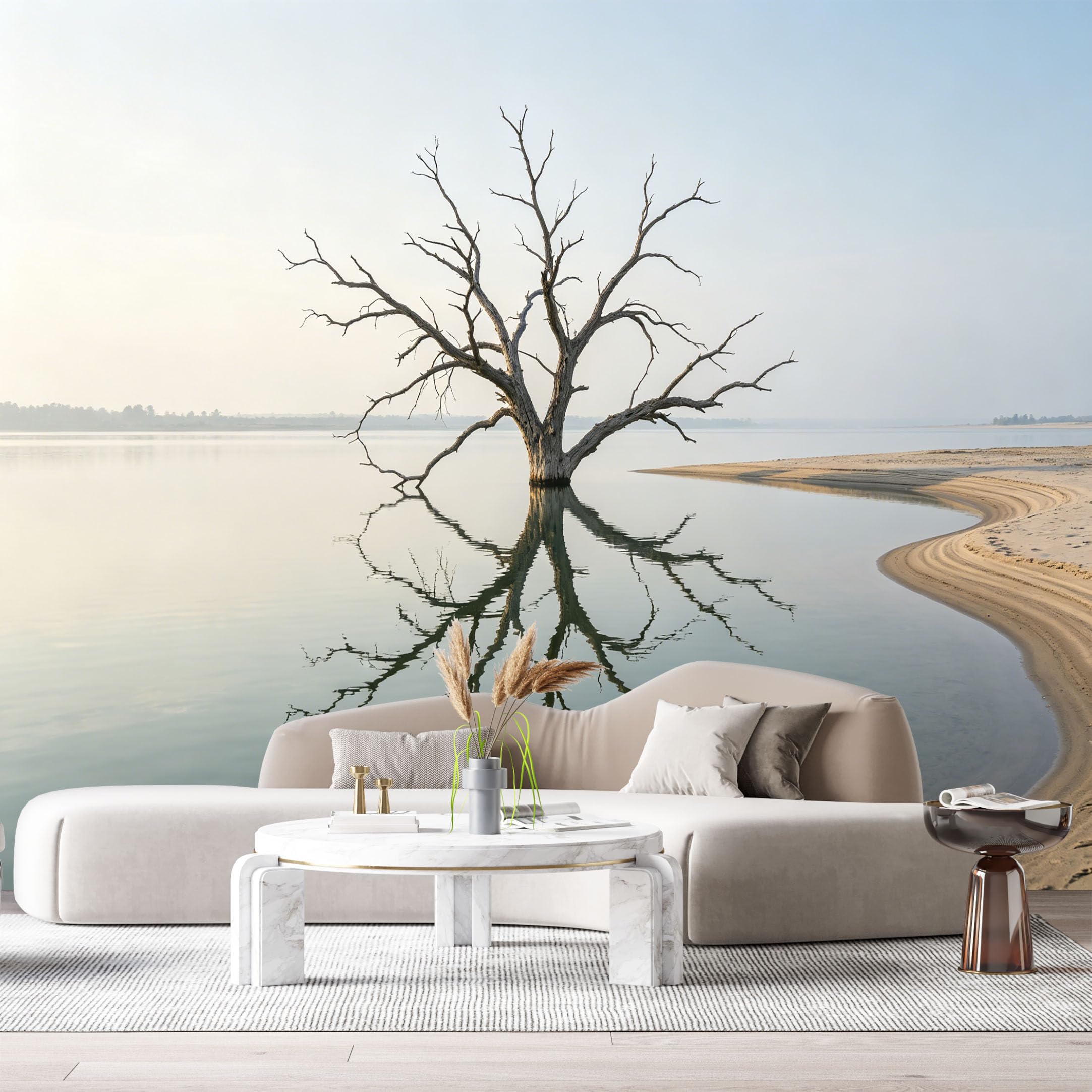Custom Size Wall Murals Lone Tree Landscape Water Reflection Tranquil Lake Shore Minimalist SelfAdhesive Wall Fabric Removable Large Wallpaper for Photo Living Room