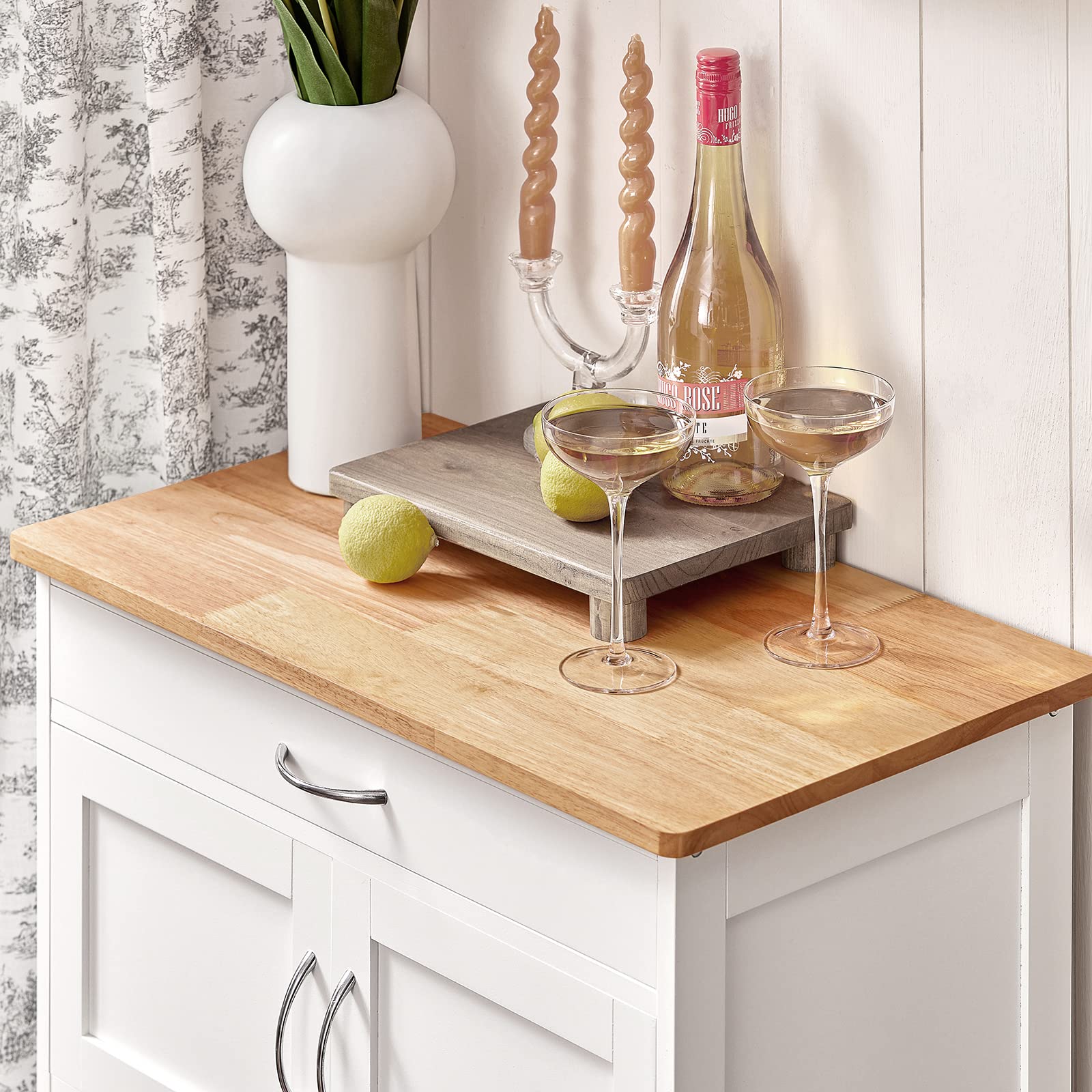 SoBuy Meuble Cuisine à roulettes avec Plan de Travail Desserte Cuisine avec tiroirs, Range-Bouteilles îlot Central Compact pour Cuisine, Salle à Manger et extérieur Blanc 67x38x86cm FKW45-WN