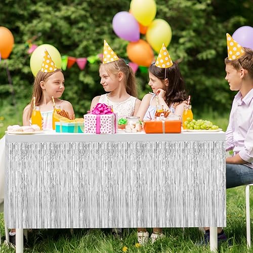 Miniatura 5 de Morcheiong Paquete de 2 faldas de mesa de oropel de papel de aluminio plateado de 29.5 x 108 pulgadas desechables para mesas rectangulares, cortina