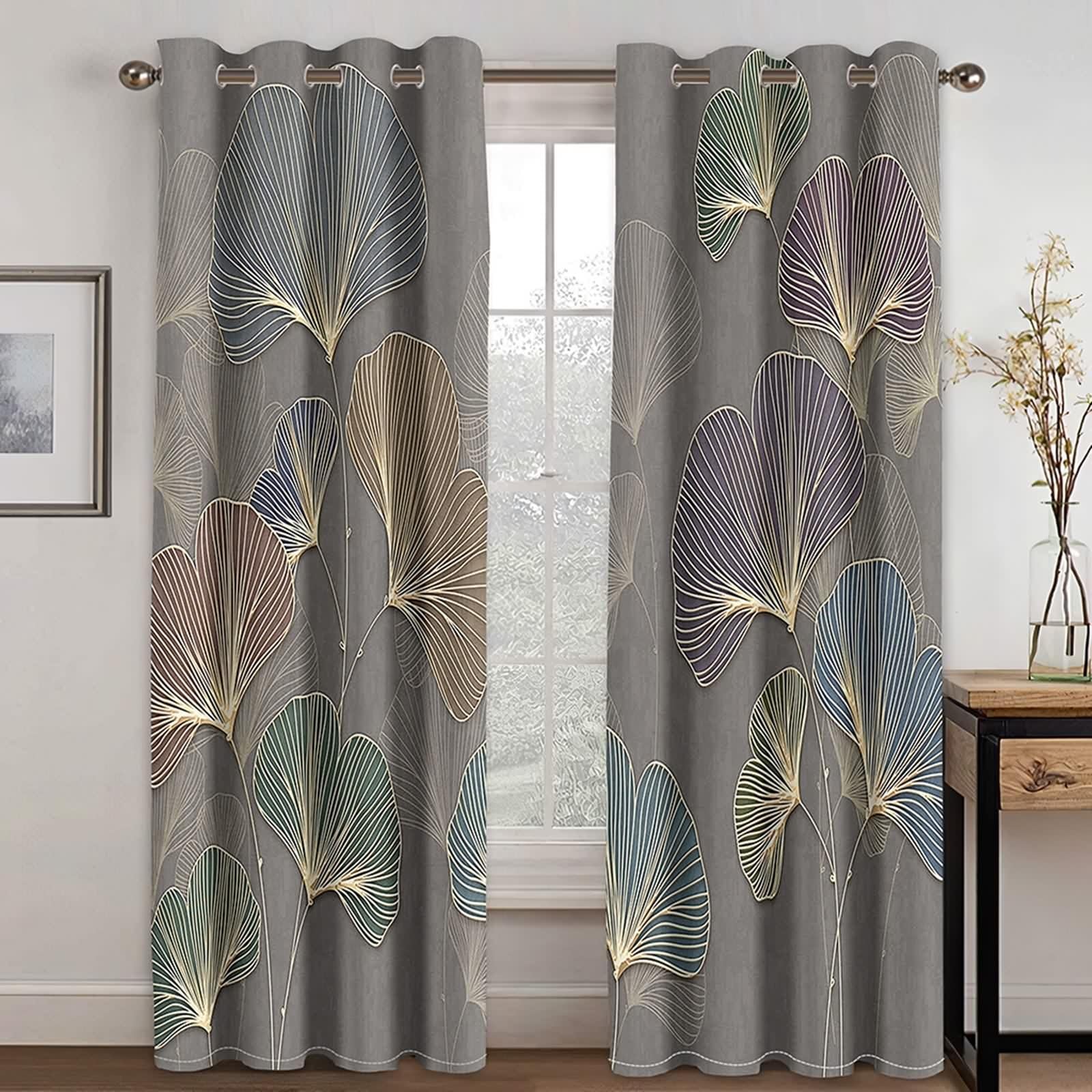 Rideau Anniversaire, Rideaux Fenetre Chambre Gris Foncé Polyester Motif de Feuille de Ginkgo 107L x 229H CM Lot de 2
