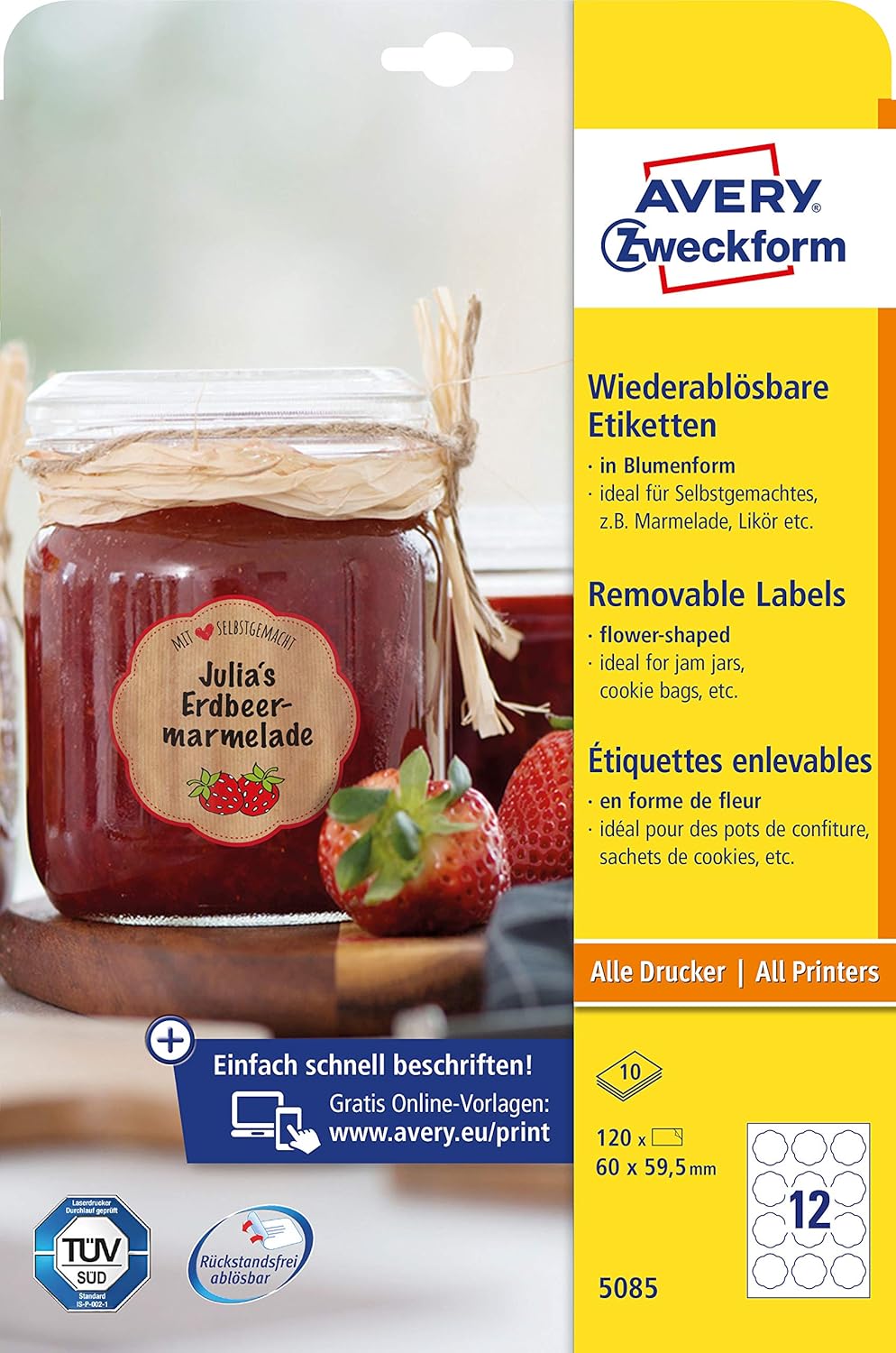 Avery Zweckform 5085 jam Labels (A4, 120 Flower-Shaped Labels, Removable, 60 mm x 59.5 mm) 10 Labels, White