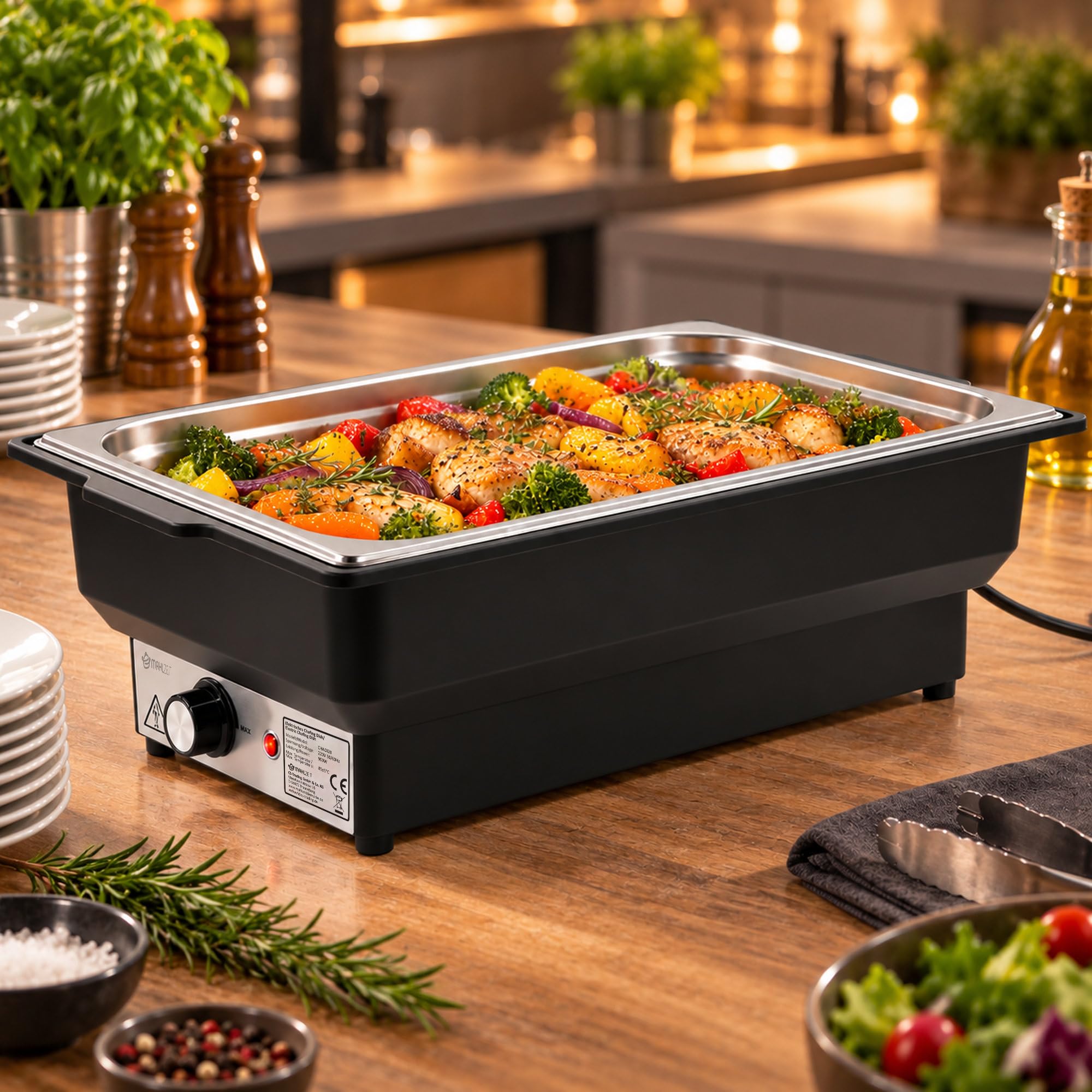 Mahlzeit Buffetwärmer | 8 Liter, 900 Watt | Elektrischer Speisewärmer aus Edelstahl | Speisenwärmer Elektrisch, Chafing Dish, Warmhalteplatte, Warmhaltebehälter für Buffets, Familienfeiern & Events