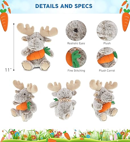 Miniatura 3 de DolliBu Feliz Pascua de peluche súper suave con alce sentado con zanahoria, lindos animales de peluche con juguete de peluche de zanahoria, regalo
