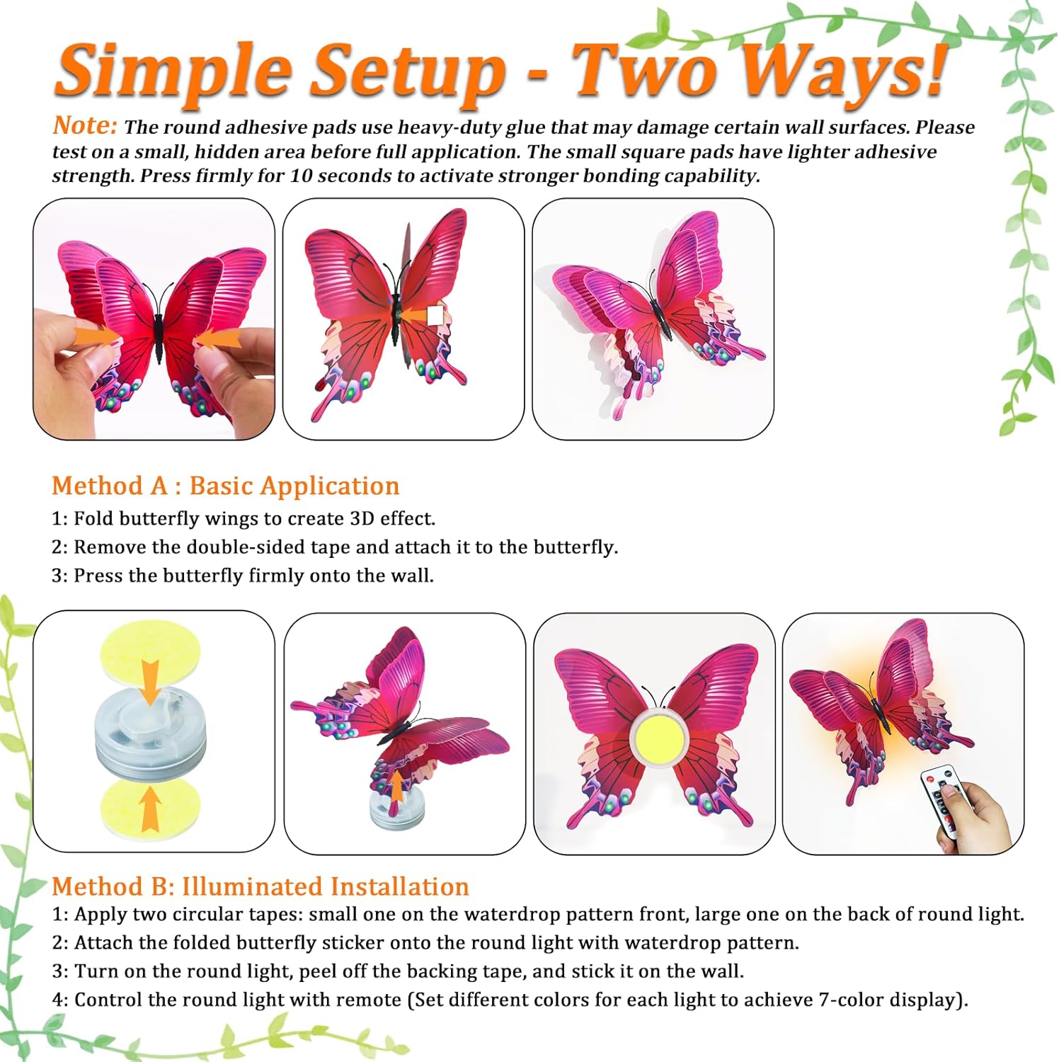 PChero 12 Lights & 36 Butterfly Wall Decor with Remote Timer, 3D Butterfly Stickers, 12 Size Colorful Changing LED Butterflies Decorations for Crafts Birthday Party Window Wall Room Wedding Decor
