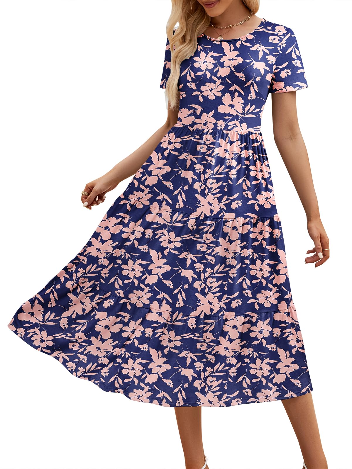 Sureple Spring Round Neck T Shirt Dress for Women Short Sleeve Midi Length,Swing Tiered Bobydoll Dresses with Pockets