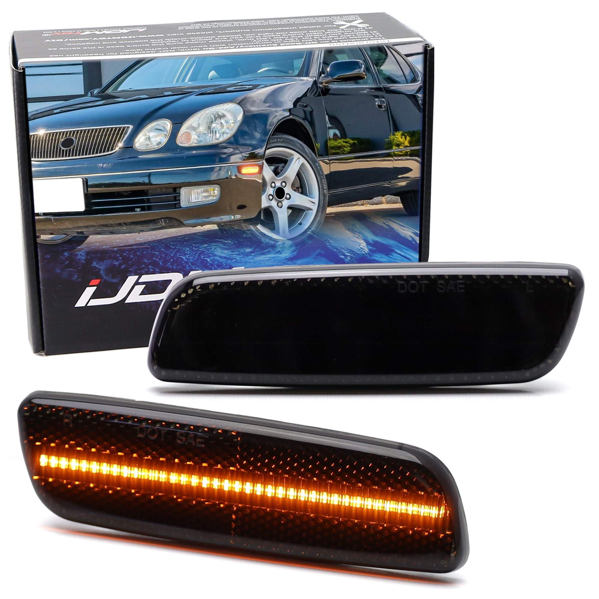 iJDMTOY Black-Out Smoked Lens 36-SMD Amber Full LED Bumper Side Marker Light Kit Compatible With Lexus 1998-05 GS, 2001-05 IS,1998-00 LS, Scion xA,