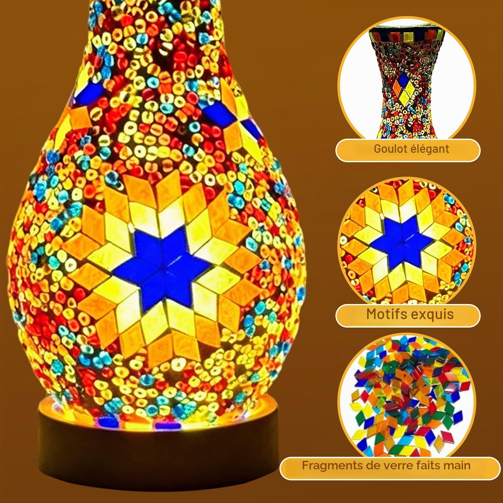 BRGD Rétro Lampe de Vase en Mosaïque, Turque Lampe de Table Marocaine avec USB Base en Bois Vase en Verre Coloré Fait à Main pour Chambre à Coucher, Salon, Ferme