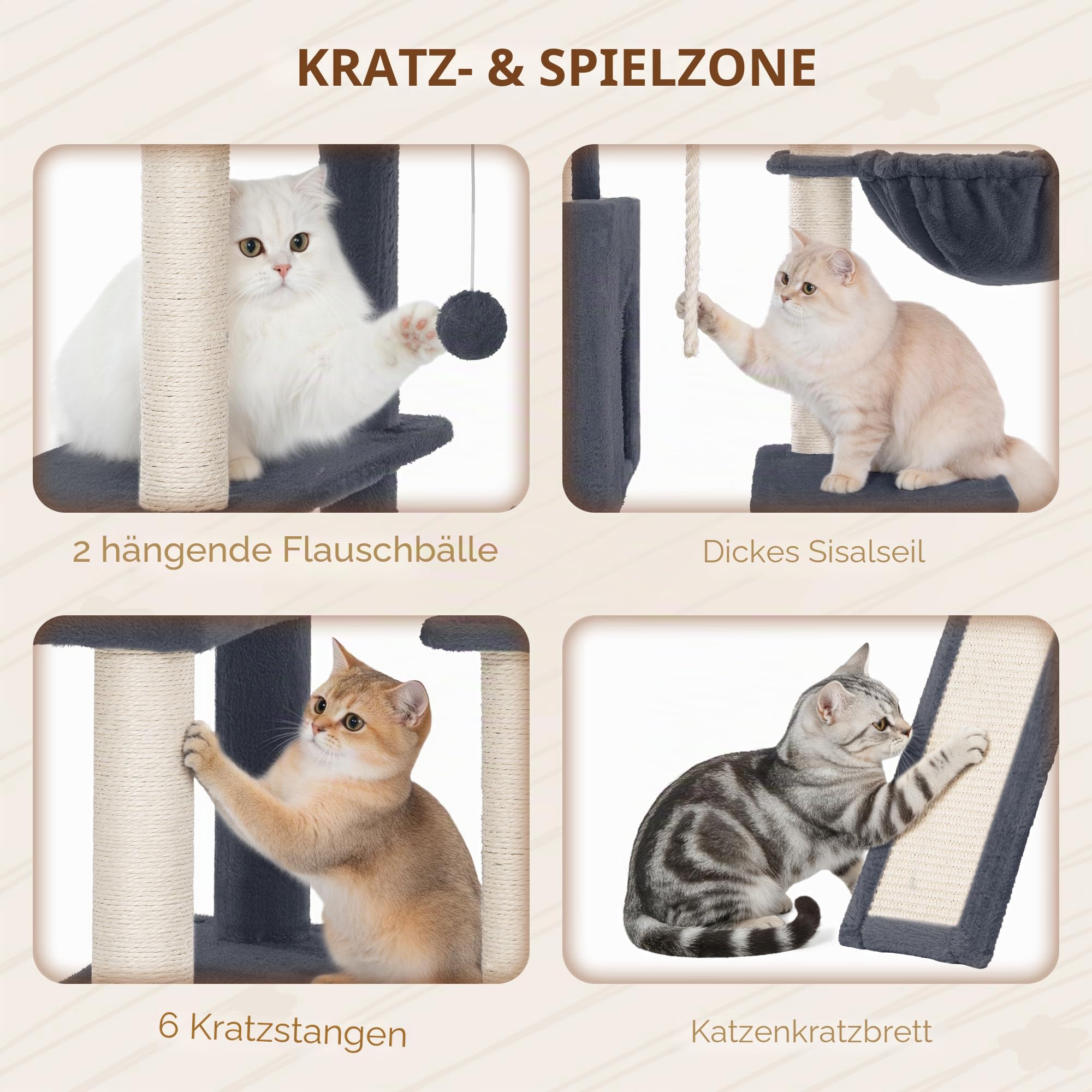 Kratzbaum, 200 cm XXL Katzenbaum, Dunkelgrau, mit 3 Große Höhlen | Mehrere Plattformen, 7 Sisalstämme, Kratzbrett, Körbe, Pompons, für Große Katzen Stabil, für den Innenbereich