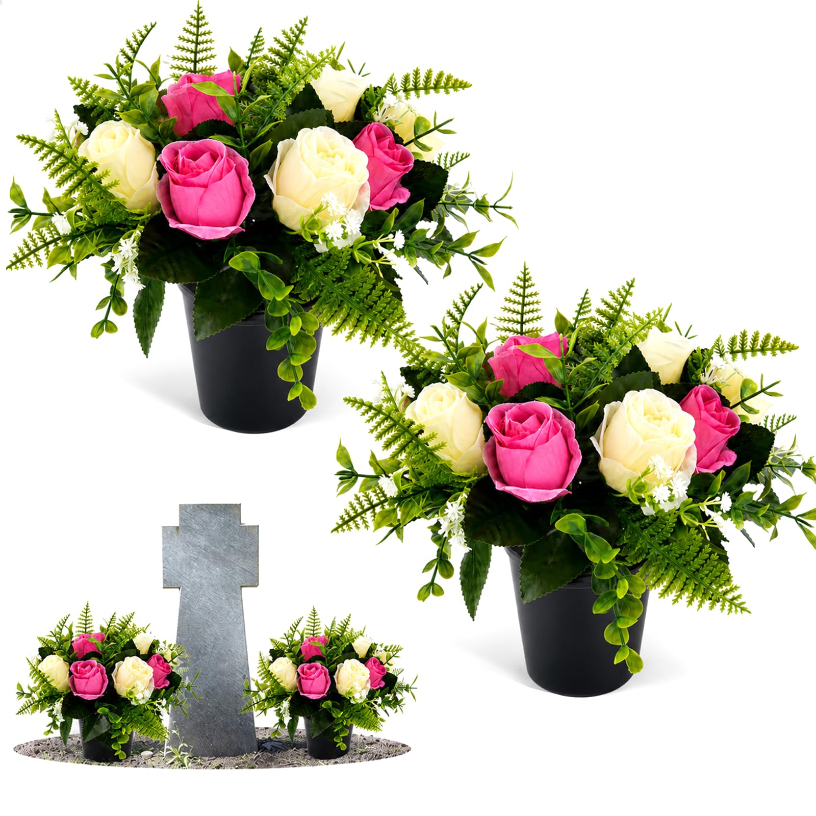 Maxmoc 2 Pack Artificial Grave Flowers with 25cm Pots for Graveside