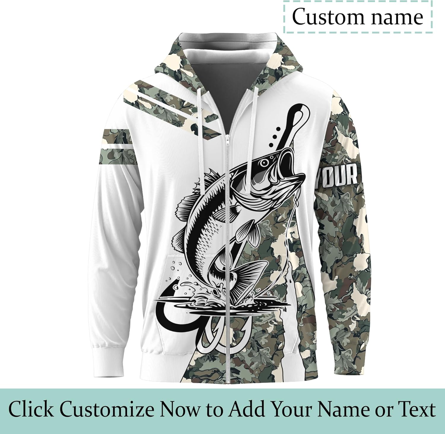 Mens Fishing Zip Up Hoody for Dad Jumping Bass Fish Out of the Water Zipper Hoodie Fishing Jacket