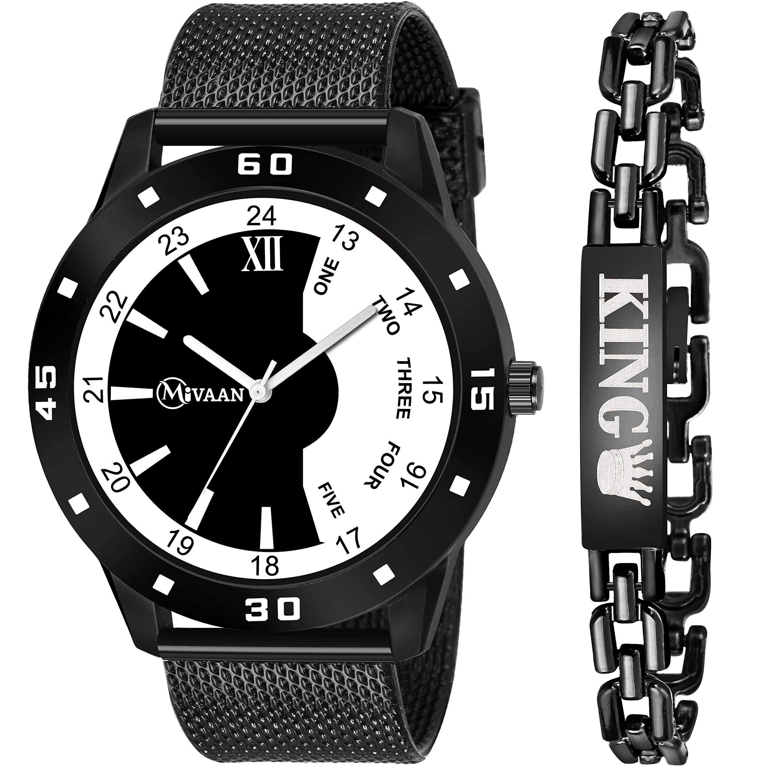 MIVAAN Analog Black White Dial- Pu Strap & Black King Bracelet with Watch Combo Set for Men with Boys Unique Design (B0963P121W) Amazon Price History, Amazon Price Tracker