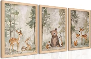 Framed Woodland Wall Art Set of 3, Wild Animals Nursery Wall Decor, Cute Bear Fox Deer Watercolor Canvas, Forest Animal Pictures Print for Baby Room Decor Home Decoration – 12X16 inch