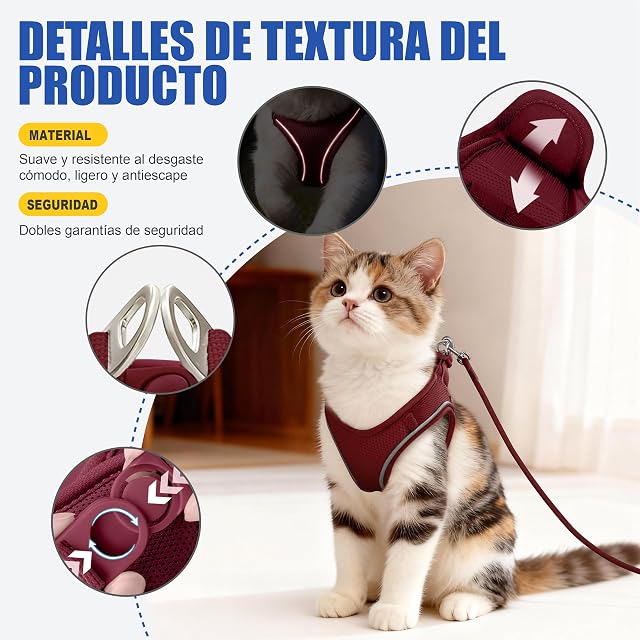 Foto 5 de 7 de Arnés para Gatos con Correa 255cm XXXS (Pecho 26-31cm) Burdeos