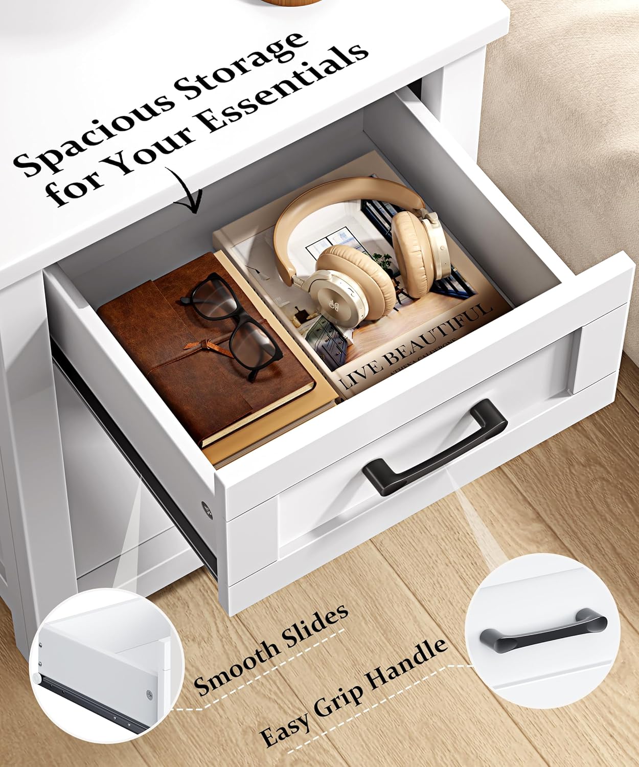 Farmhouse Nightstand with Charging Station & Large Storage, Set of 2 Modern End Tables with Outlets, USB Ports and Type-C Ports, Easy Assembly for Bedroom (Pure White)