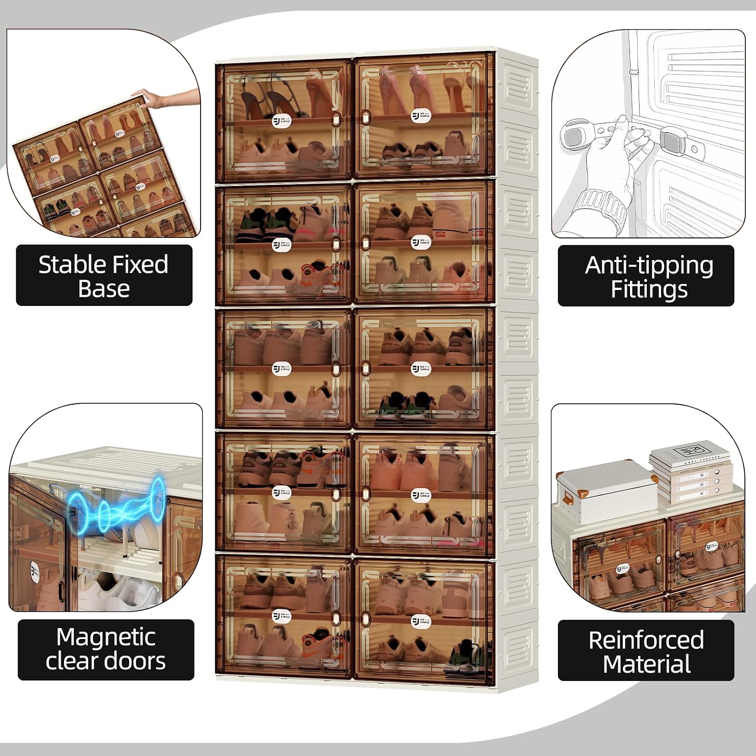 16 Pairs Foldable Shoe Cabinet with Magnetic Clear Doors, Wide Design Shoe Rack for Entryway, Portable Shoe Organizer Meeting Diverse Storage Needs