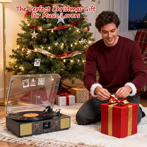 Miniatura 9 de Reproductor de discos de vinilo, tocadiscos Bluetooth de 3 velocidades con altavoces integrados, reproducción de LP accionada por correa, radio FM y