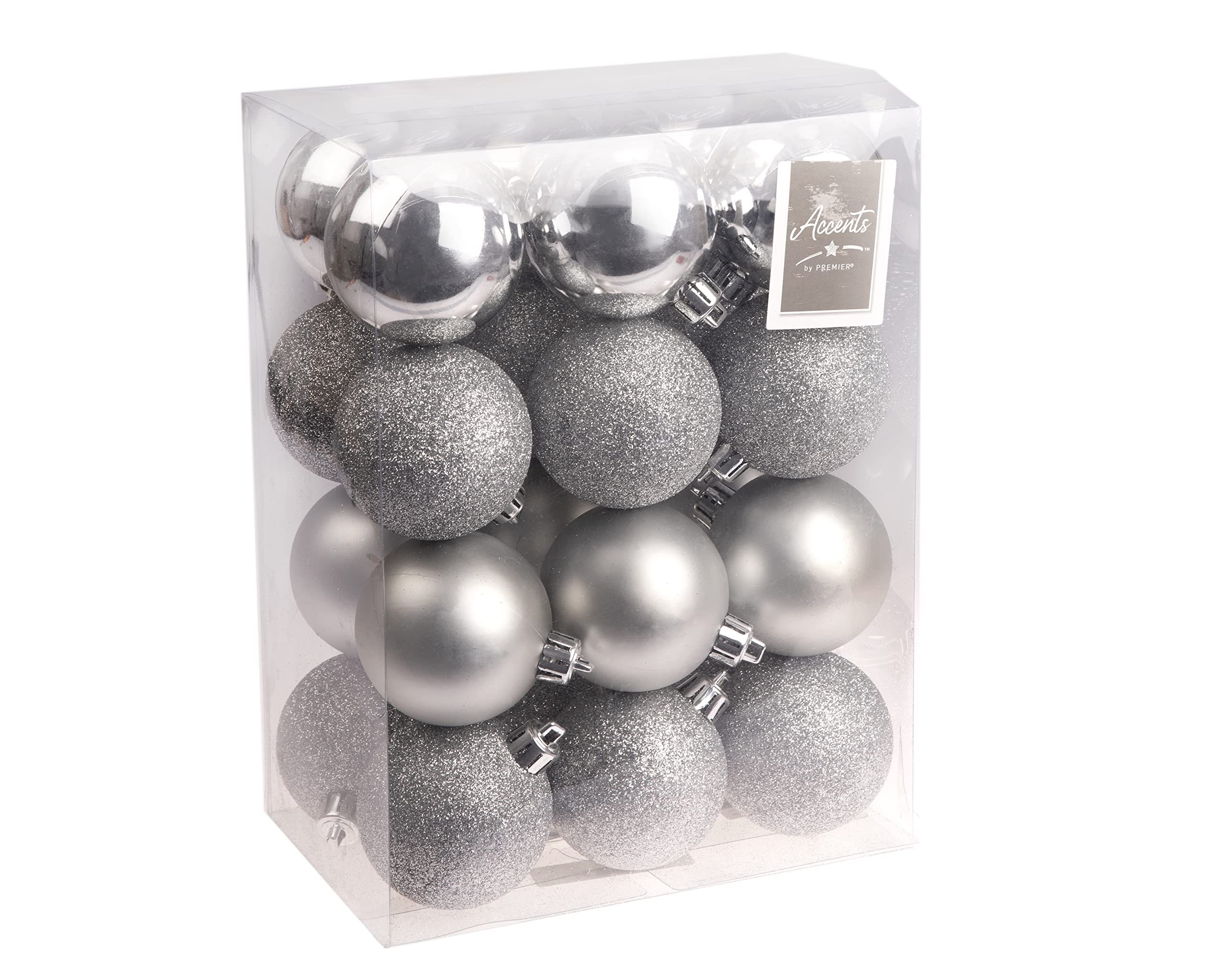 Premier Silver 60Mm Multi Finish Baubles, Pack Of 24