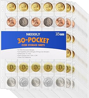 450 Pockets Coin Binder Pages (9-Hole Coin Pocket Pages) - 15 Pages (30/Page) | Coin Protector Sheets | Display Coins Tokens Medals | NEIXIILY