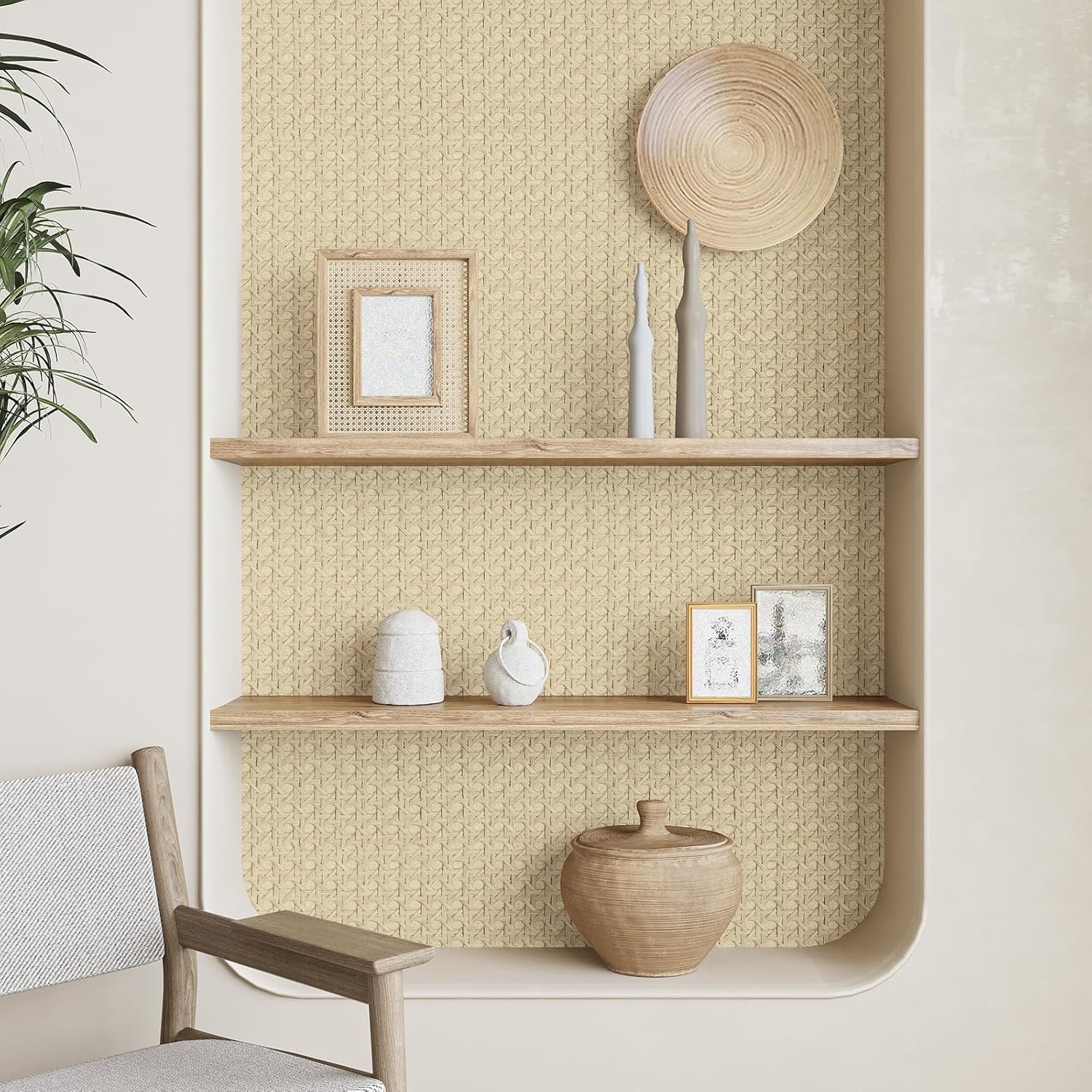 Non-Textured Tan Brown Rattan Wallpaper Peel and Stick Faux Rattan Contact Paper for Cabinets Furniture 15.7"x160" Waterproof Cane Weave Wallpaper Removable Woven Wicker Look Contact Paper