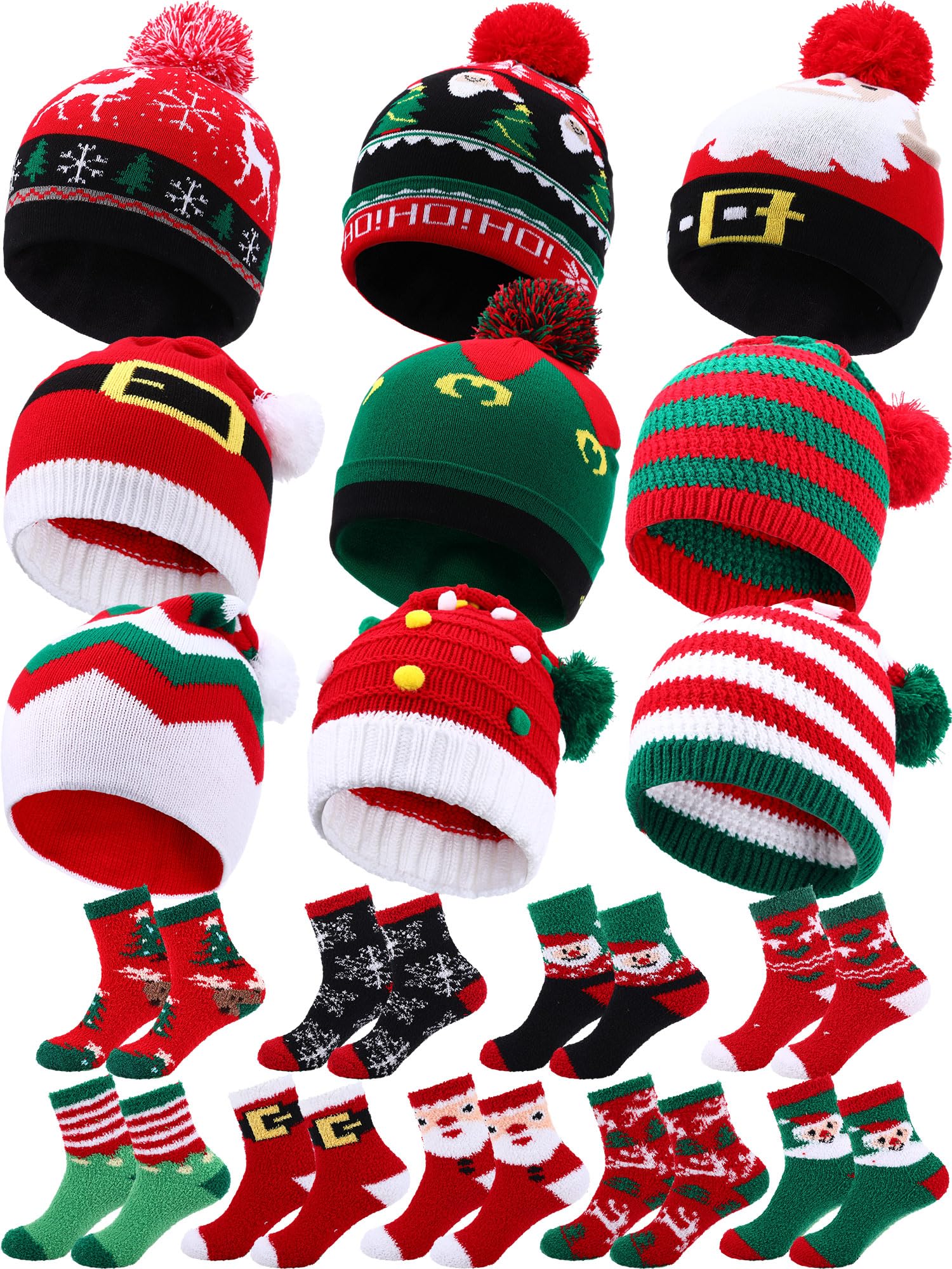 Suhine 18 Pcs Christmas Knitted Hat and Socks Set 9 pcs Christmas Beanies Hat with Pompom 9 Pair Xmas Socks for Men Women