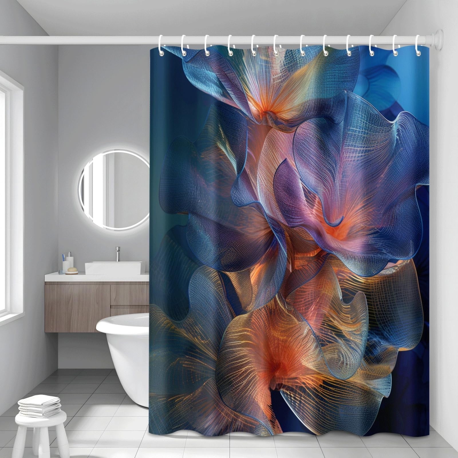 Shower Curtain Abstract Gold Blue Mould Resistant Shower Curtains for Bathroom Washable Polyester Bathroom Curtains Decor Wet Room Quick Dry Anti Mould Bath Curtain with 12 Hooks 200x240cm