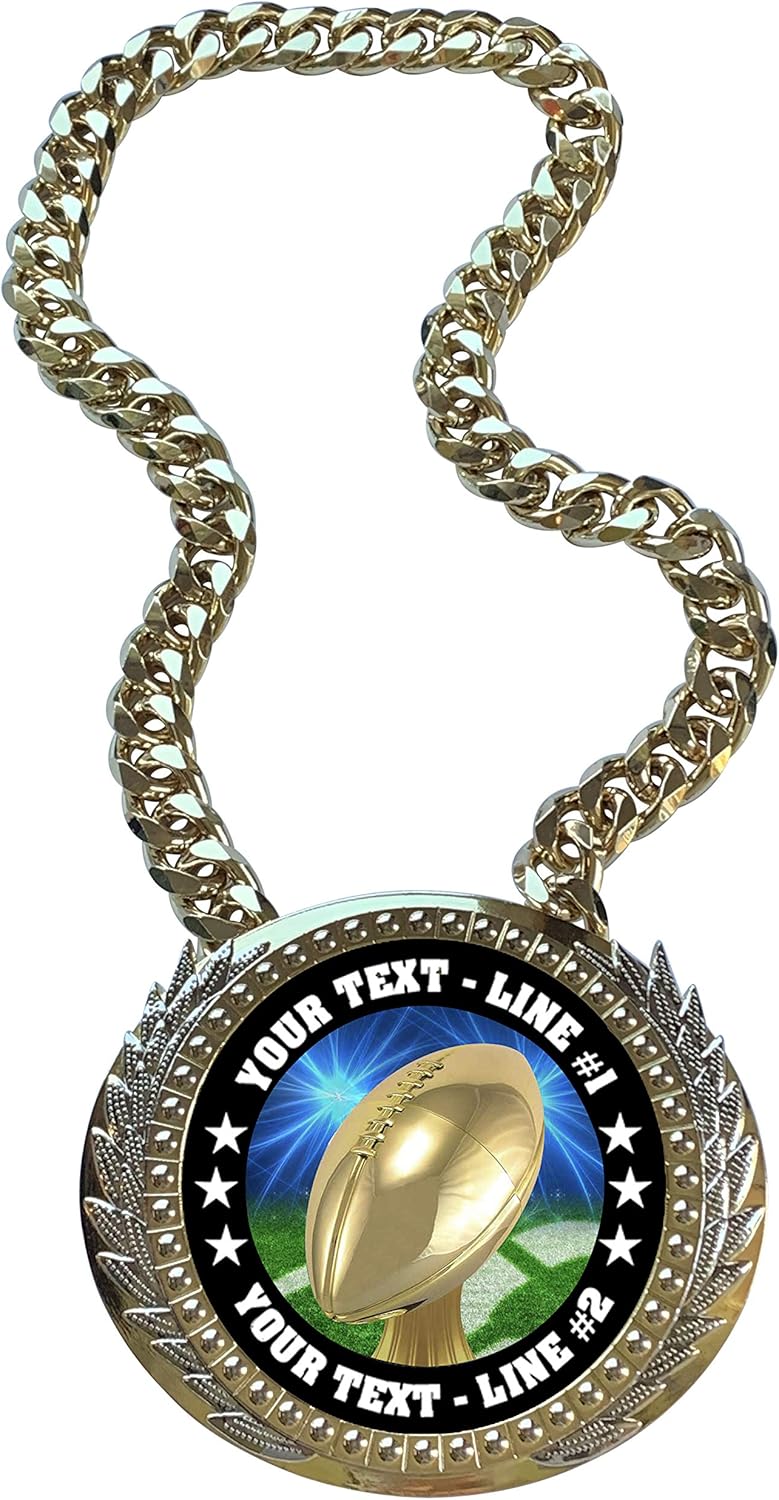 Express Medals Metal Version Football Champ Chain Trophy with 2 Lines of Personalized Custom Text on a Large Award Medal and Attached 34 inch Long Metal Neck Chain. D20