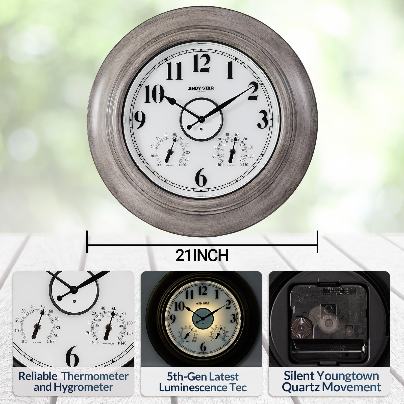 ANDY STAR Wetterfeste Außenwanduhr mit Thermometer und Luftfeuchtigkeit, großes 53,3 cm großes Zifferblatt, leicht zu lesen, wetterbeständig, Bronze