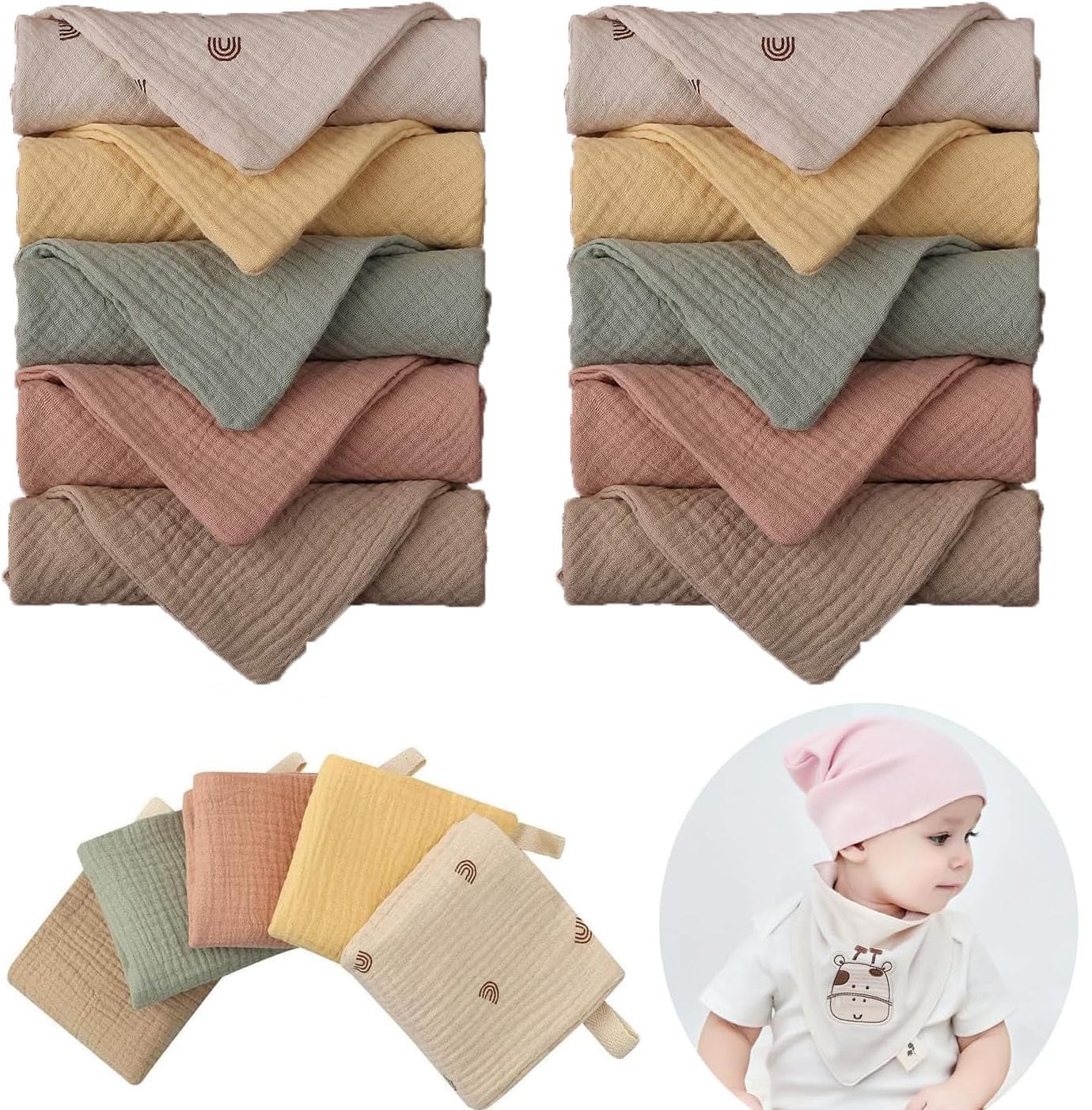 Forhome 10 Stück Baby Musselin Waschlappen Kinderservietten, Handtücher Set für Neugeborene, 23x23cm Gesichtstücher und Badetuch, Mehrweg Baby Waschlappen 100% Baumwolle Zufällige Farbe